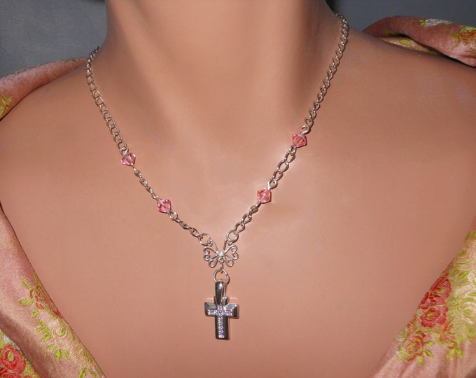 Swarovski cross necklace, handmade Aurora Borealis crystals double cross, AB filigree center and Swarovski pink crystal beads, silver plated