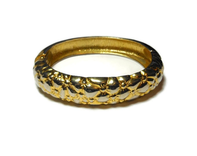 FREE SHIPPING Floral embossed bracelet, floral pattern gold plated embossed hinged cuff clamper bracelet, statement piece vintage