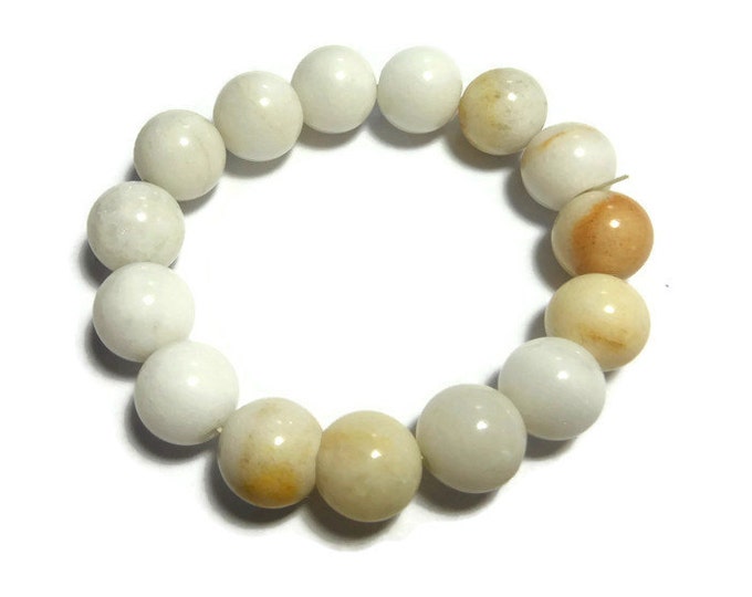 Bead stretch bracelet, natural gemstone, your choice of one 12mm round white bracelet or 8mm square grayish brown