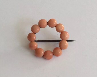 Victorian Goldfilled Natural Coral Circle Brooch Pin