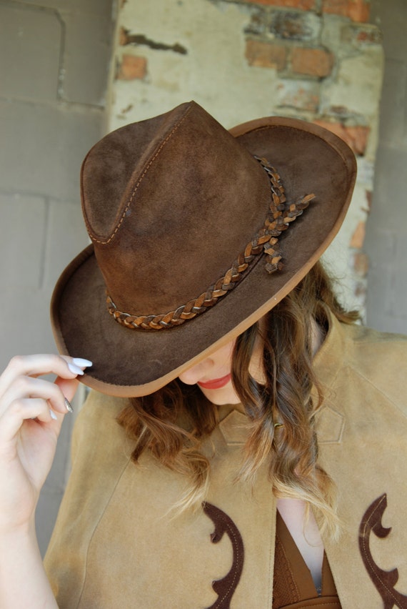 Vintage brown suede cowboy hat leather ladies cowgirl boho