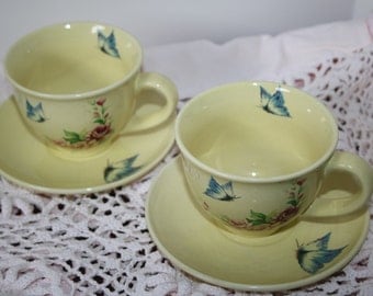 Pair Butterfly Garden Cups and Saucers Yellow with Butterflies and Flowers Lovely