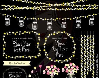 Mason Jar Lights Glowing Wedding Fairy String Lights Clipart COMMERCIAL USE Save The Date Banner Pink Flowers Graphics Png Download 10717