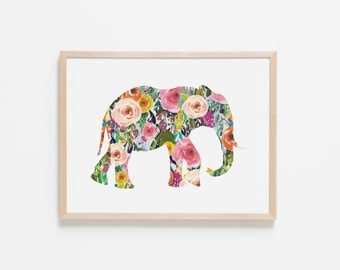 Floral Elephant Nursery Art. Nursery Wall Art. Nursery Prints. Nursery Decor. Girl Wall Art. Floral Wall Art. Instant Download.