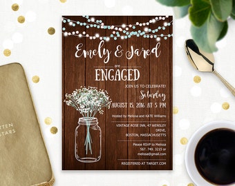 Rustic Engagement Invitation Printable Mason Jar & Baby's Breath Wood Engaged party invitation template PDF Digital Engagement party invite