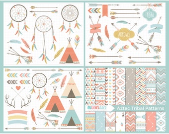 Tribal Clipart Bundle - American Indian, feathers, boho, tribal arrows, vector graphics, digital clip art, digital images, commercial use