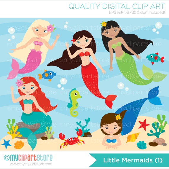 Clipart - Little Mermaids (1) / Mermaid Princess / Under the Sea- Digital Clip Art (Instant Download) Il_570xn