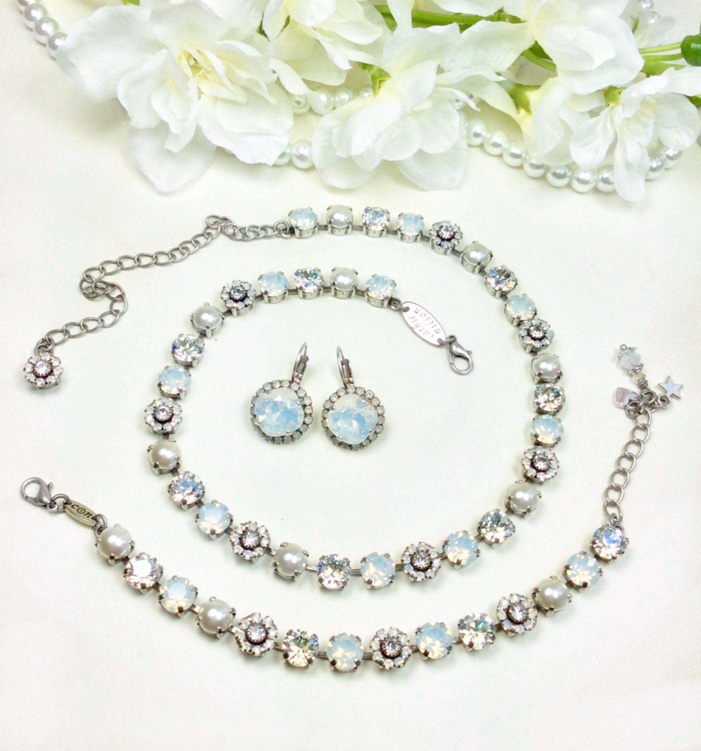 Swarovski Crystal 8.5mm Necklace -  One Of A Kind  " Bridal Bouquet " - Feminine Flowers - FREE SHIPPING