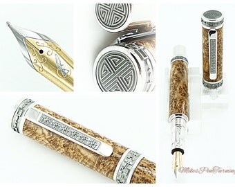 Custom Wooden Pen Beautiful Black Ash Burl Custom Fountain Pen with Western Emperor MPZ Rhodium and Black Titanium 843FPXLD