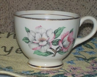 Vintage Tea Cup, Vintage Dishes,Tea Cup with Pretty Pink,White Flower/Pretty Green Leaves/Bright and Pretty No Markings/Sabby Cottage Chic:)