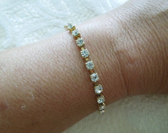 Vintage Rhinestone Bracelet, Gold Tone Base with Clear Rhinestones, 7 Inches Long