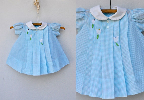 50s Gingham Dress Floral Embroidered Baby Girl Dress Frock