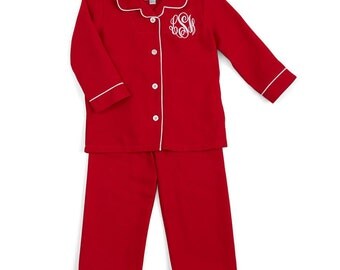 Unisex Baby Red Christmas 2 Pc Flannel Pajamas Red w/ White Piping Trim-Monogram included