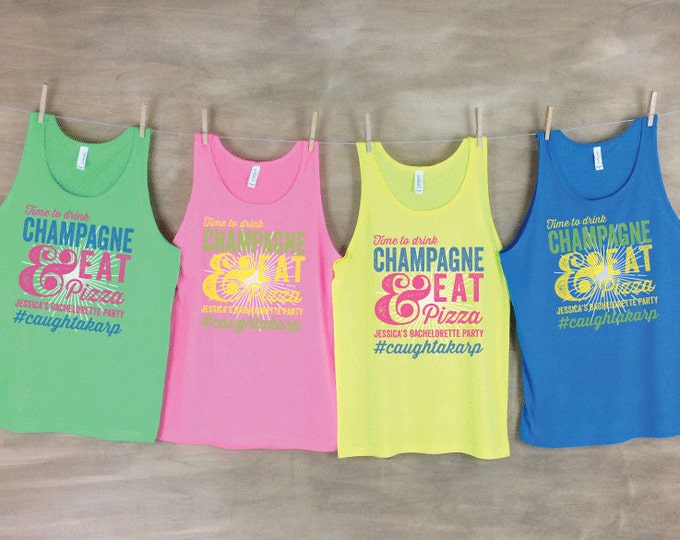 Time to Drink Champagne and Eat Pizza Personalized Bachelorette Party Beach Tank Sets