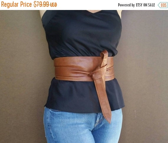 ON SALE Brown leather obi belt wide wrap belts tie by Fgalaze