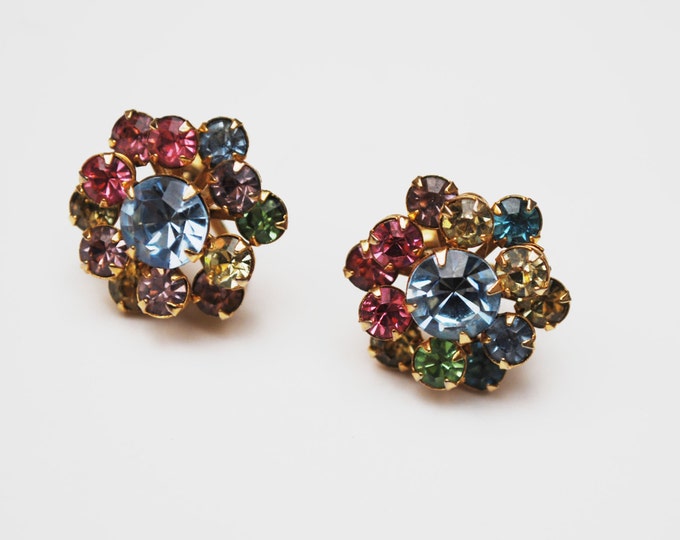 Colorful Rhinestone Earrings glass pronged gold setting screw back earrings mid century