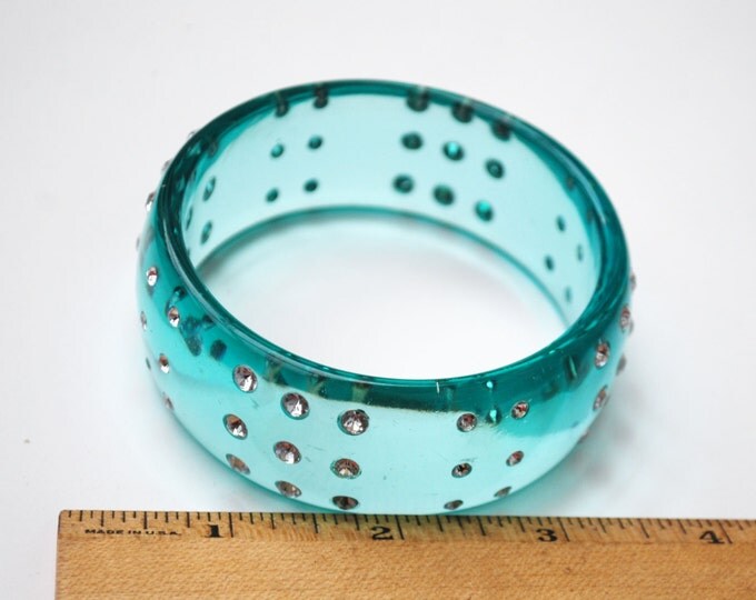 Aqua Lucite Bracelet -clear Rhinestone - blue green translucent vintage plastic Bangle