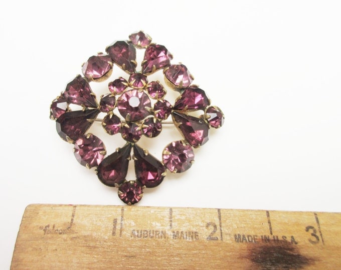 Purple Rhinestone Brooch - diamond shape - slightly domed - Mid Century Pin