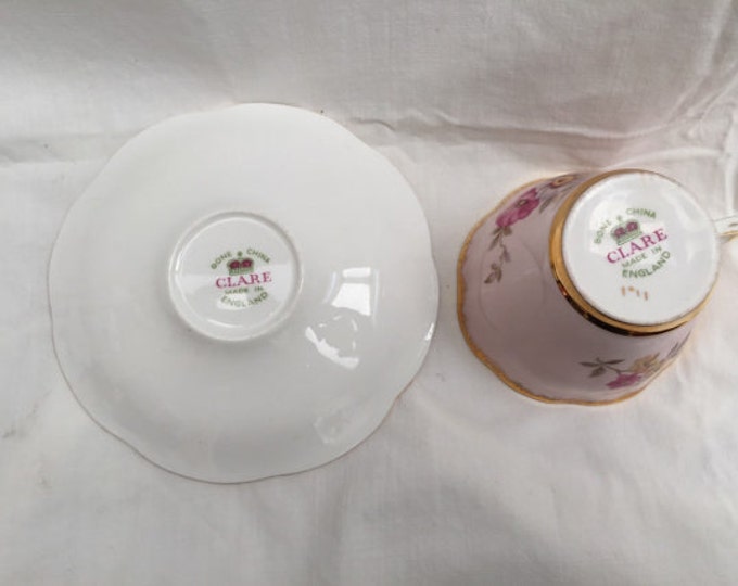 Clare Tea Cup and Saucer -Pink Floral - Fine Bone China England