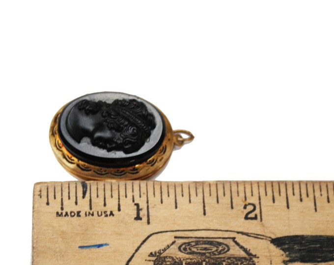 Cameo Locket Pendant - black glass Women Profile - gold Filled - Victorian Style