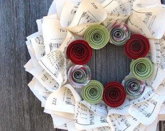 Christmas Wreath, Music Wreath for Christmas with Red and Green Flowers, 10"