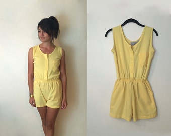 Vintage 1980's Bright Yellow Sports Jumper Romper Playsuit