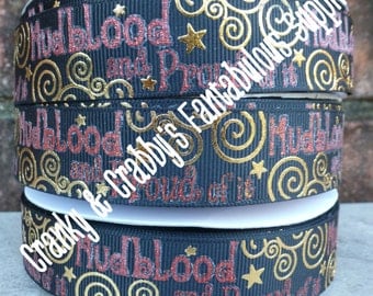 7/8" Harry Potter Inspired - Mudblood - US Designer Printed Ribbon - 1yd, 3yd or 5 yd - gold & Red foil