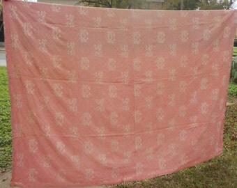 Antique Woven Textile Pink Bed Cover Camp Blanket Vintage Cottage Bedspread