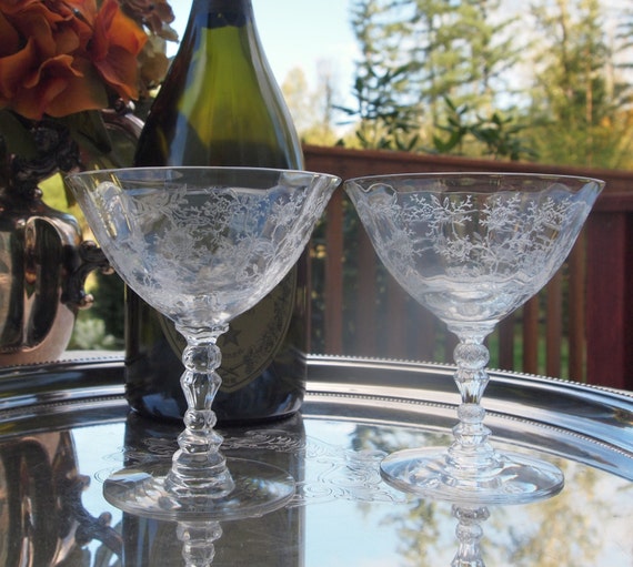 Fostoria Saucers Champagne Coupe Glasses Chintz Etched 6026