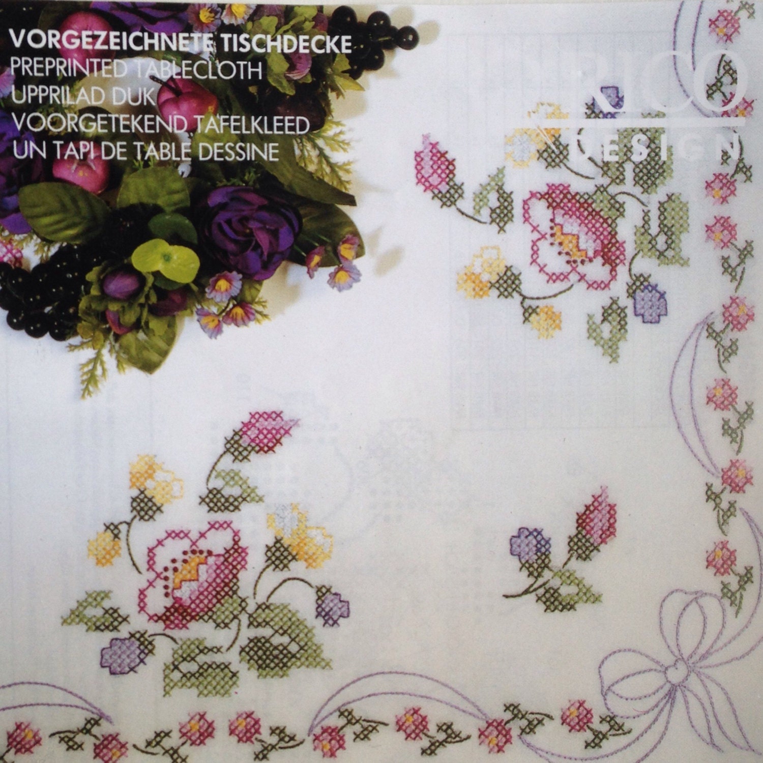 Rico PrePrinted Cross Stitch Tablecloth Kit with Floral Design from