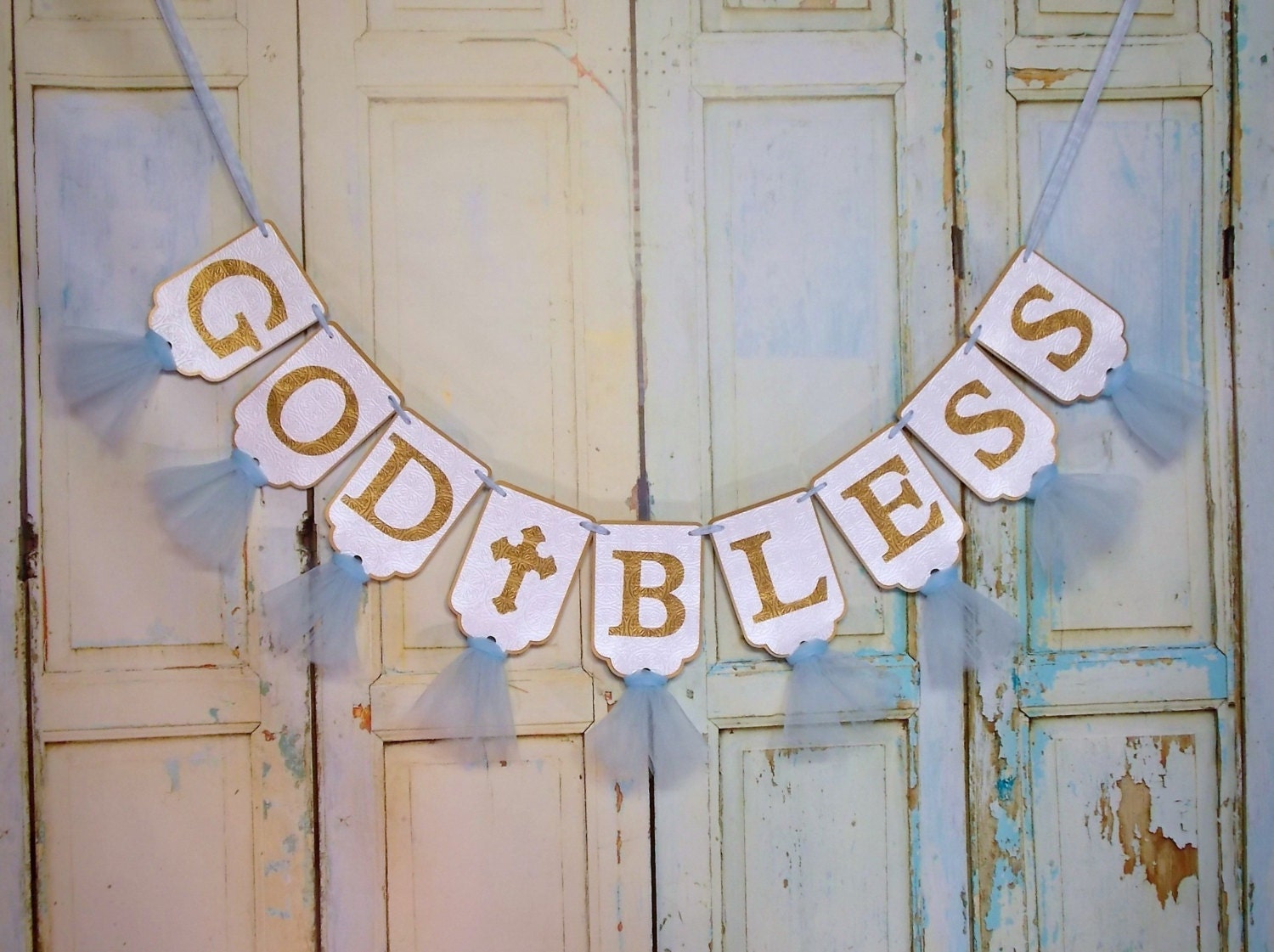 God Bless Banner in Extra Large Size White Blue and Gold