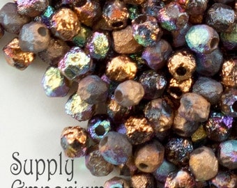 4mm Etched Crystal Glittery Bronze Firepolished Beads, 100 Beads -2632- Etched Glittery Bronze 4mm Fire Polished Round Beads