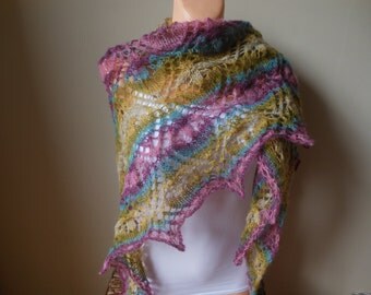 Lace shawl mohair yarn camel beige , hand knitted Pink Blue Green