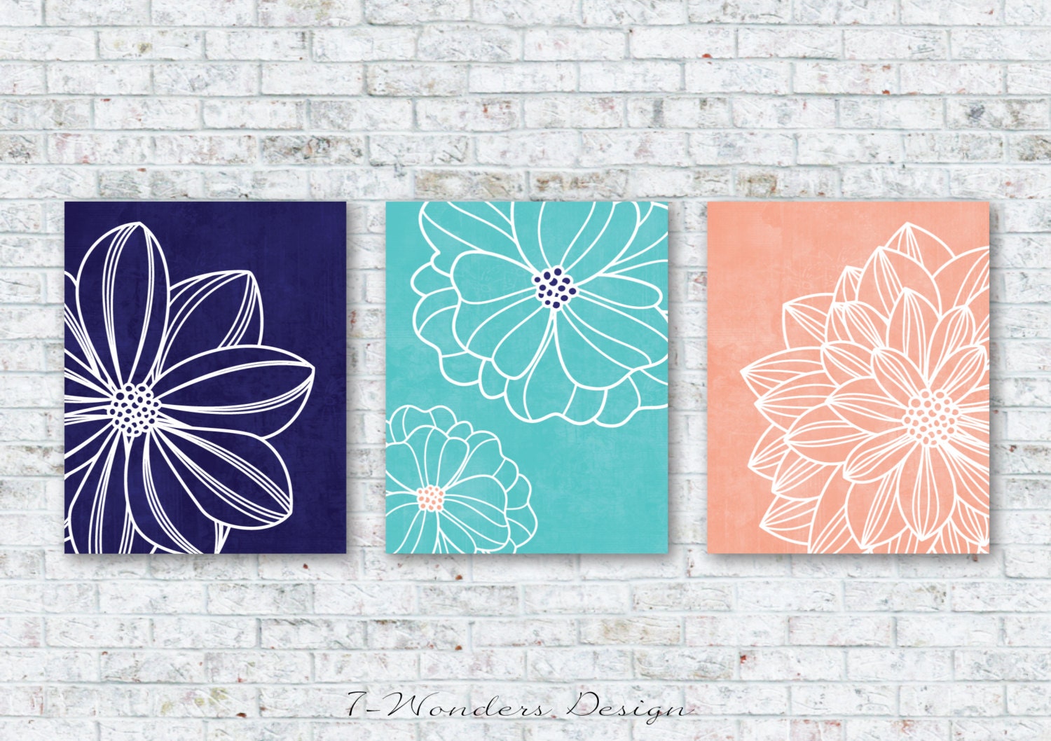 Navy Aqua Peach Flower Art Prints Floral Dahlia Wall Art Set
