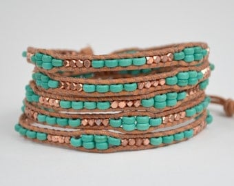 Turquoise and Copper Five Wrap Bracelet