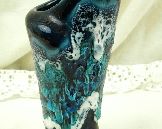 Vintage French Vallauris Dark Turquoise Blue and White Lava Vase Ecume de Mer / MidCentury / Retro Home Interior / European / Hipster /1960 Vintage French Vallauris Dark Turquoise Blue and White Lava Vase Ecume de Mer / MidCentury / Retro Home Interior / European / Hipster /1960