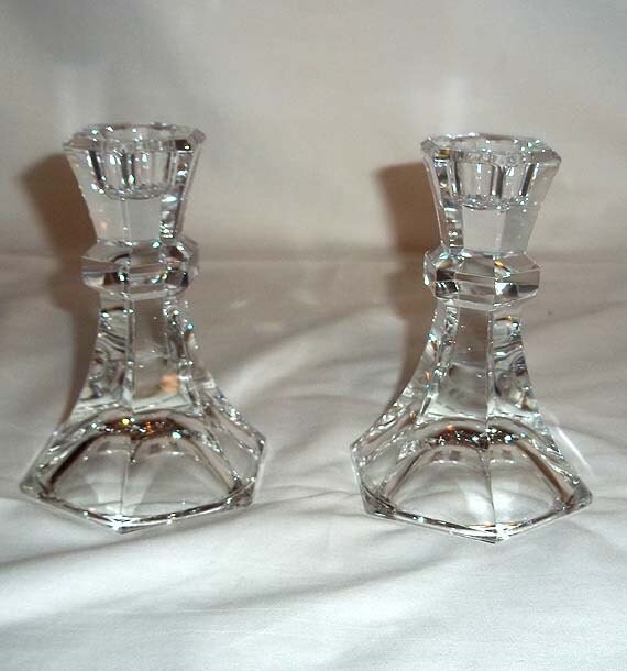 Pair of Vintage Towle Lead Crystal Hexagonal Candle Holders