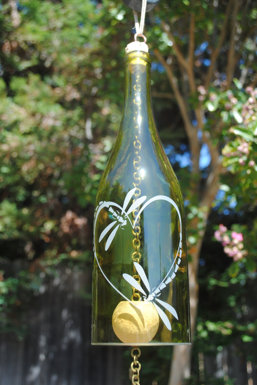 Dragonfly Heart Wine Bottle Windchime Outdoor Glass Etching