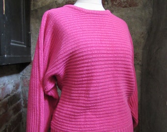 80s Pink Batwing Knit Sweater, S // Vintage Vertical Knit Jumper