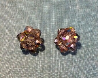 Smoky AB crystal clip on earrings glass beads silver tone metal mid century hollywood glam prom evening cocktail holiday costume jewelry