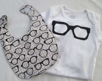 Bib and Onesie Baby Gift Set with Glasses and Houndstooth Print- Glasses, Nerd, Ready to Ship, body suit, baby shower gift