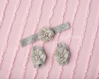 Grey baby footless sandals and matching headband, white newborn sandals, baby sandals