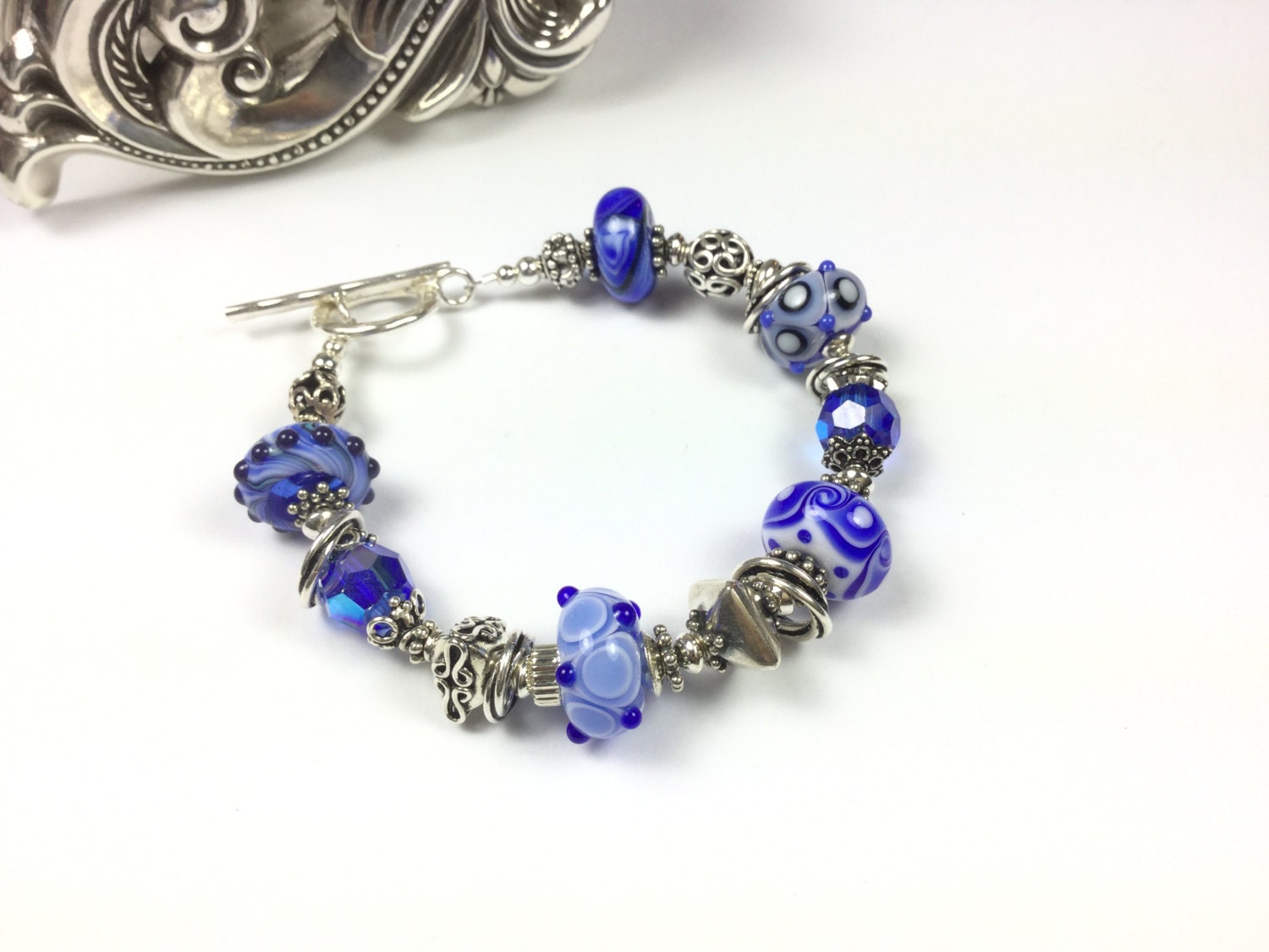 Denim bracelet, blue jean jewelry, lampwork glass bracelet, lampwork bead, bali bead bracelet, blue bracelet, chunky bracelet, glass jewelry