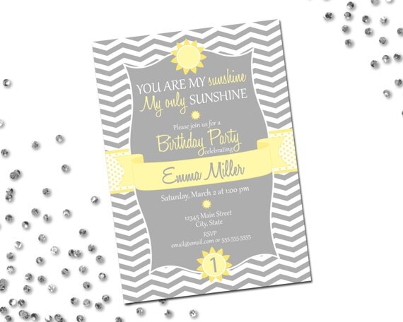 You Are My Sunshine Birthday Party Invitation - Sunshine Birthday - Yellow and Grey - Chevron Stripes - DIY - Printable Il_570xn