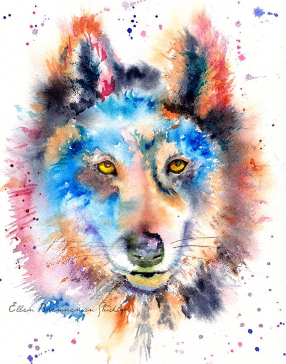 Colorful wolf spirit animal fine art print by EllenBrennemanStudio