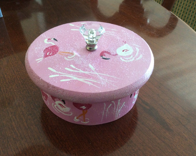 Round Wooden Box with Lid - Painted Flamingoes on Top and Sides