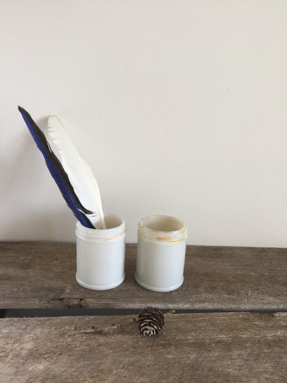 White glass pair of old vintage vegemite jars rustic vases