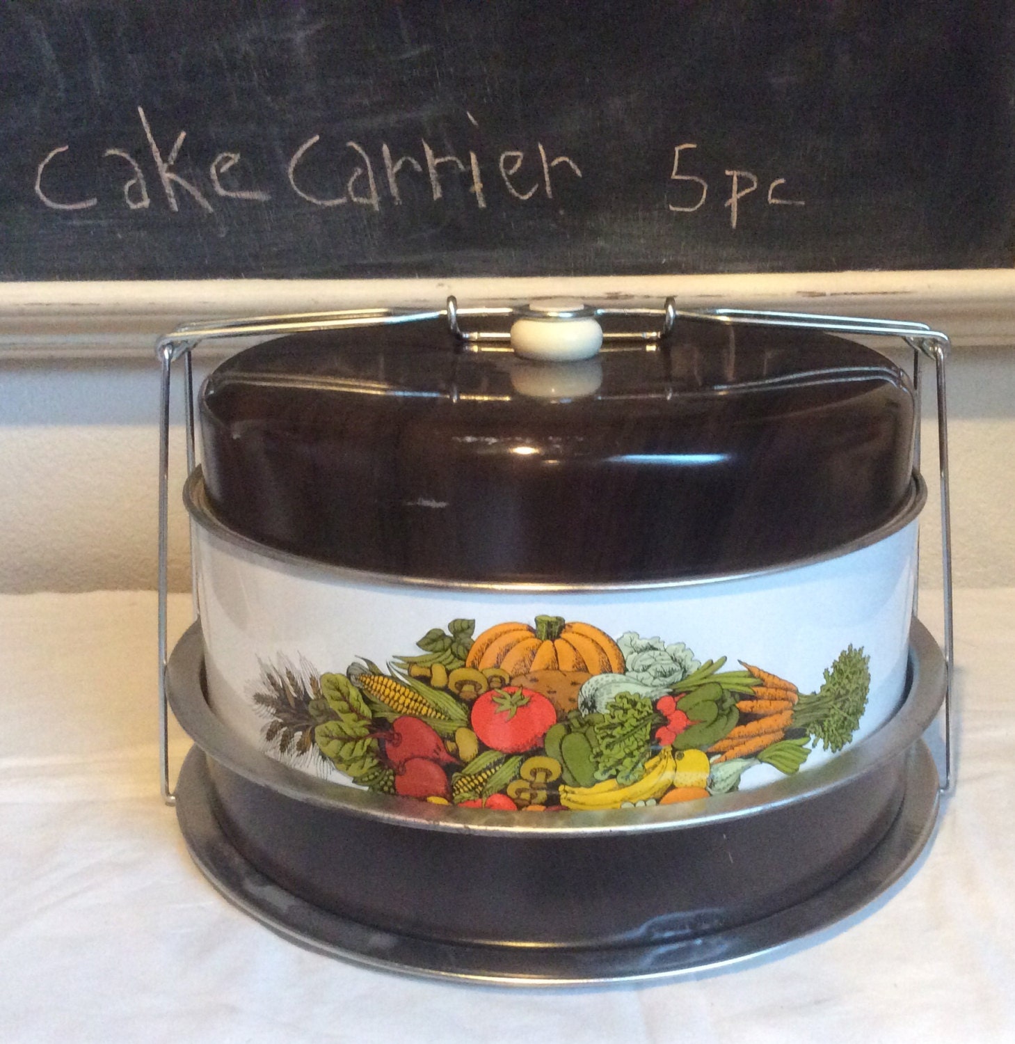 Vintage 3 Tier Cake Carrier / Decorated Metal Cake Carrier