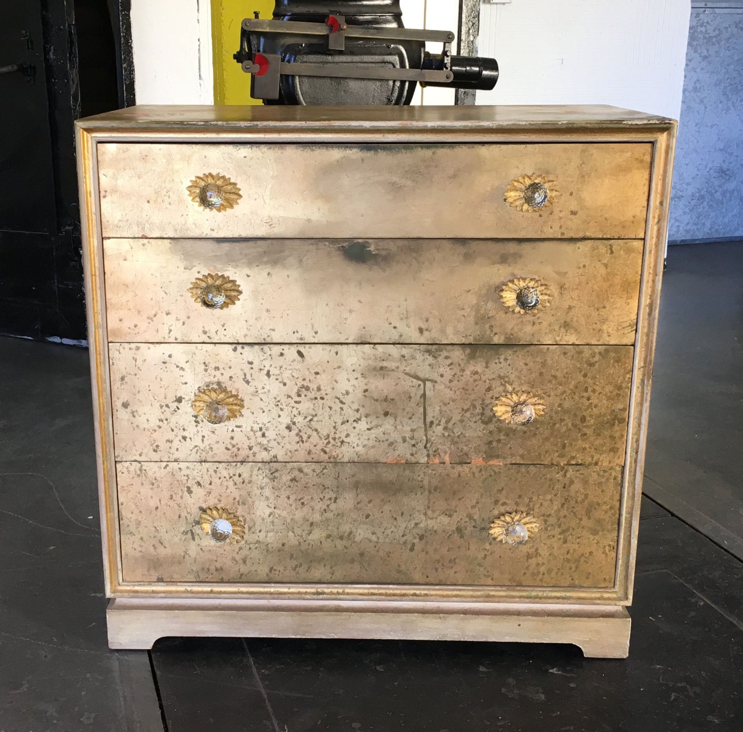 MCM Vintage Gold Leaf Small Chest of Drawers w Crystal Ball and Gold 