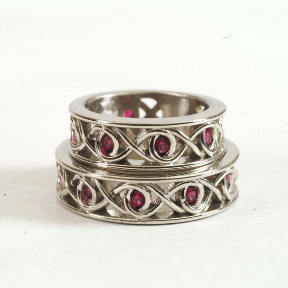 Celtic Ruby Wedding Ring Set With Infinity Knot Design In 10k